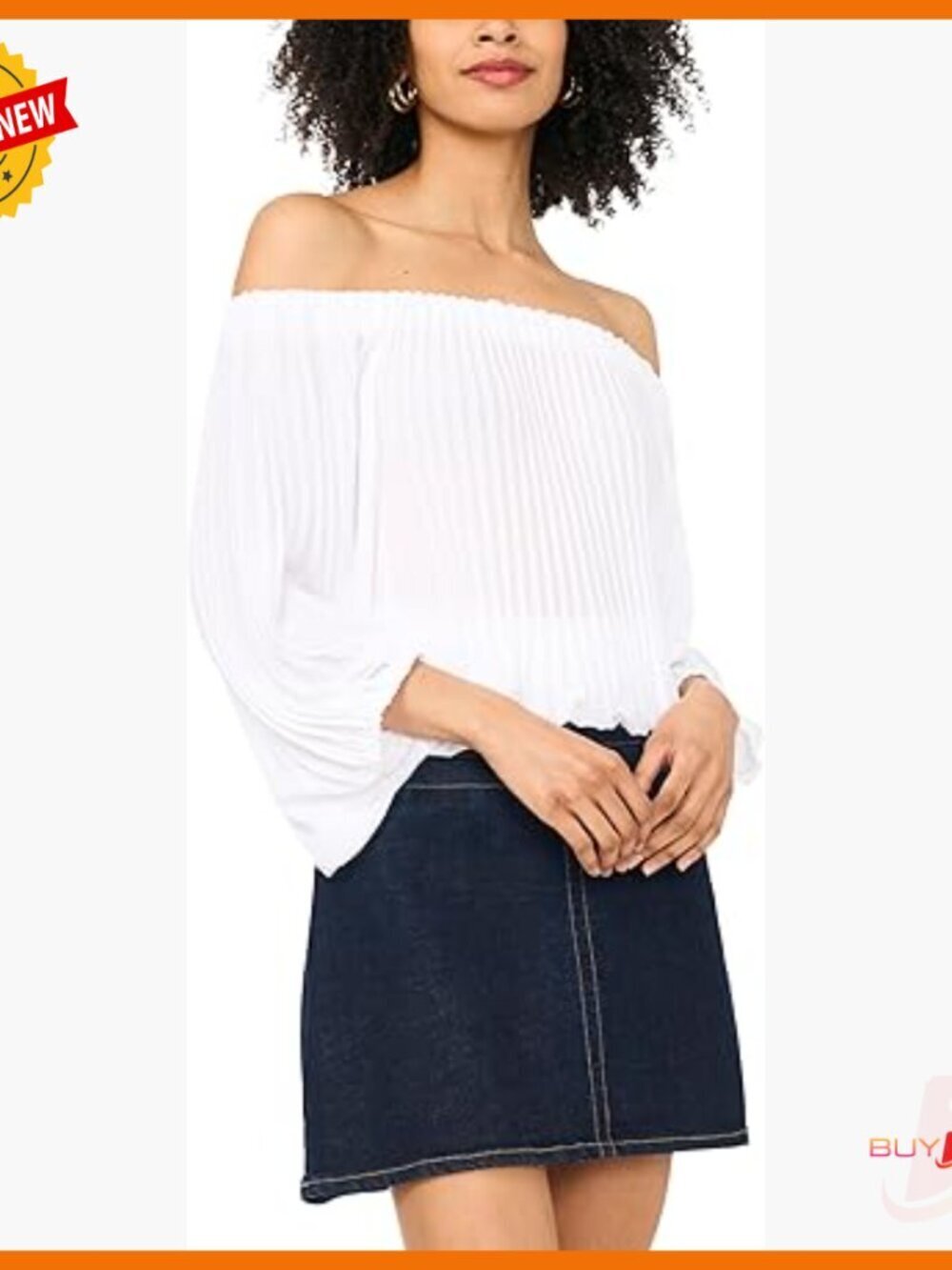 Off Shoulder Pleated Blouse, Regular Fit, 100% Polyester, Long Sleeve